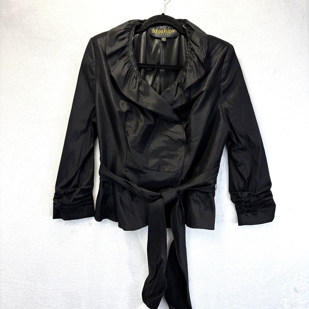 Moshita Couture Belted Blouse Womens 18 Black Long Sleeve Stretch Office Formal